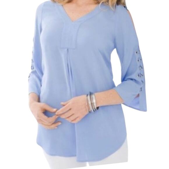 Chico's Tops - Chicos Light Blue V-Neck 3/4 Sleeve Cold Shoulder Blouse Lace Tie Eyelets Sz 1 M